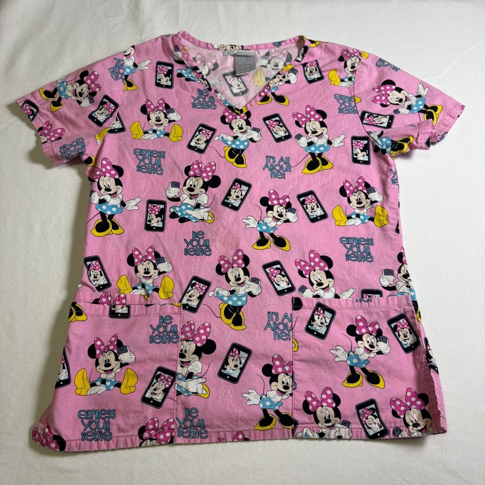 Disney, Scrub Top, XS, Pink, Minnie Mouse Selfie Print V-Neck Cotton, MSRP $28